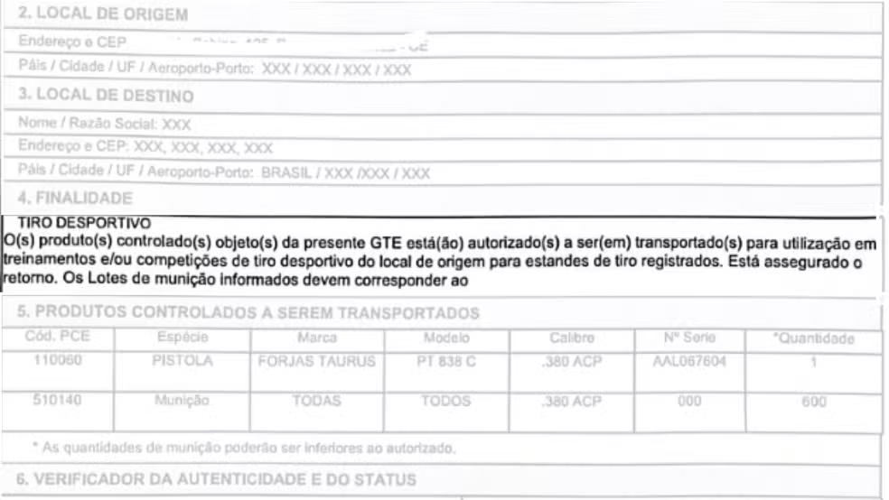 Imagem compartilhada pelo vereador Luiz Paupina de guia de transporte de arma de fogo de fogo — Foto: Arquivo pessoal